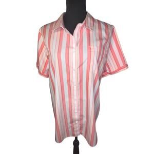 Lands End Women XL striped short sleeve spring cottagecore button front blouse ￼